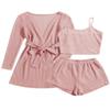 Ekouaer Pajamas for Women Set 3 Piece Lounge Set Soft Pajama Sets Waffle Knit Tank Top and Shorts Cardigan with Pockets S-XXL Pink view 1