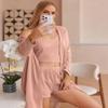 Ekouaer Pajamas for Women Set 3 Piece Lounge Set Soft Pajama Sets Waffle Knit Tank Top and Shorts Cardigan with Pockets S-XXL Pink view 3