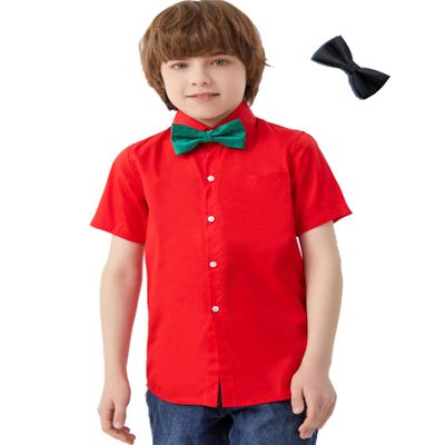 Aimehonpe Boys Short Sleeve Dress Shirts Solid Poplin Soft Stretch Fabrics with Two Bow Tie Set, Red, Large