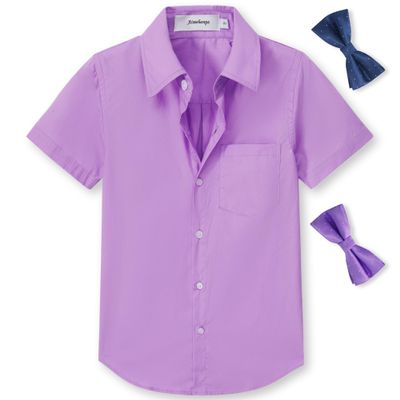 Aimehonpe Boys Short Sleeve Dress Shirts Solid Poplin Soft Stretch Fabrics with Two Bow Tie Set, Lilac, Large