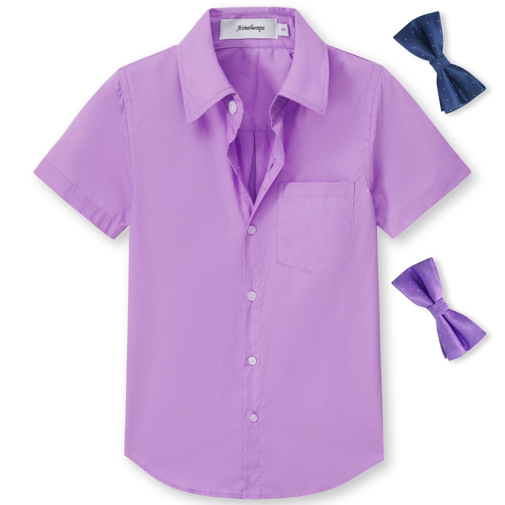 Aimehonpe Boys Short Sleeve Dress Shirts Solid Poplin Soft Stretch Fabrics with Two Bow Tie Set, Lilac, Large
