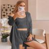 Ekouaer Pajamas for Women Set 3 Piece Lounge Set Soft Pajama Sets Waffle Knit Tank Top and Shorts Cardigan with Pockets S-XXL Grey view 3