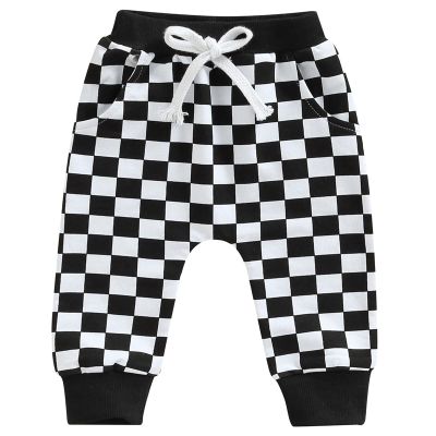 Mubineo Toddler Baby Boy Girl Infant Basic Plain Sweatpants Comfy Cotton Pants with Pockets (J Black White Plaid, 18-24 Months)