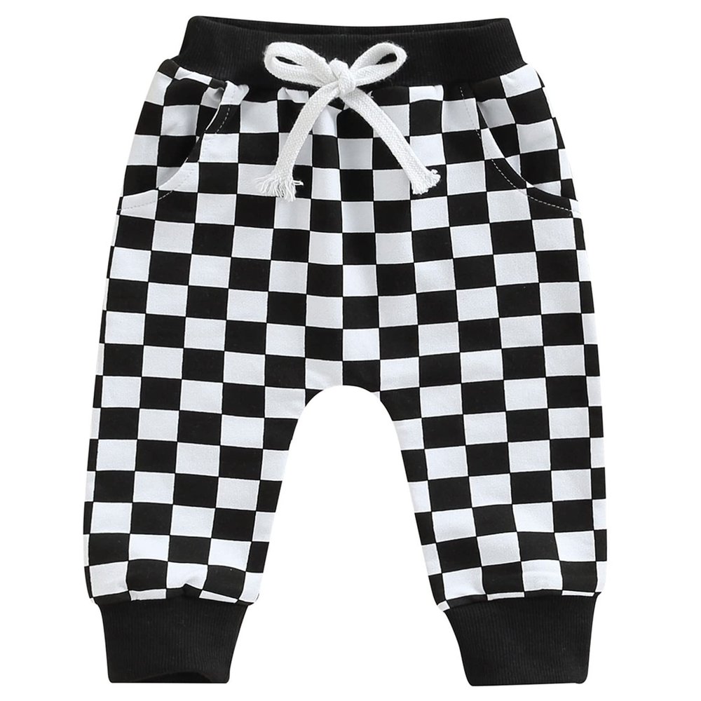 Mubineo Toddler Baby Boy Girl Infant Basic Plain Sweatpants Comfy Cotton Pants with Pockets (J Black White Plaid, 18-24 Months)