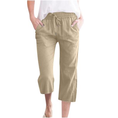 Capri Pants for Women Summer Trendy Cotton Linen Lightweight Trousers Drawstring Wide Leg Crop Pants with Pockets Khaki