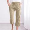 Capri Pants for Women Summer Trendy Cotton Linen Lightweight Trousers Drawstring Wide Leg Crop Pants with Pockets Khaki view 2