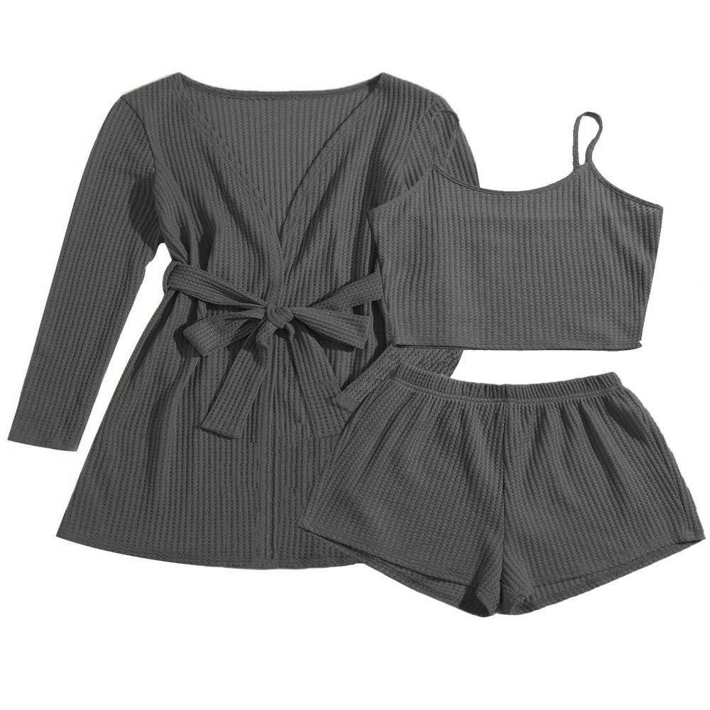 Ekouaer Pajamas for Women Set 3 Piece Lounge Set Soft Pajama Sets Waffle Knit Tank Top and Shorts Cardigan with Pockets S-XXL Grey