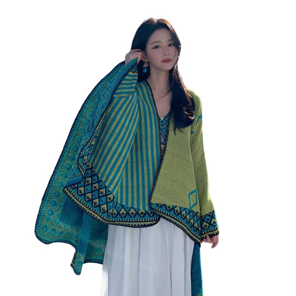 Chinese Ethnic Style Shawl, Women's Large Pashmina Shawl, Women's Striped Diamond Checkered Color Matching Scarf Shawl (Green,130 * 150,One Size)