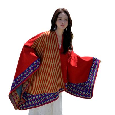 Chinese Ethnic Style Shawl, Women's Large Pashmina Shawl, Women's Striped Diamond Checkered Color Matching Scarf Shawl (Red,130 * 150,One Size)