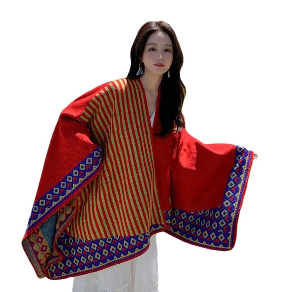 Chinese Ethnic Style Shawl, Women's Large Pashmina Shawl, Women's Striped Diamond Checkered Color Matching Scarf Shawl (Red,130 * 150,One Size)