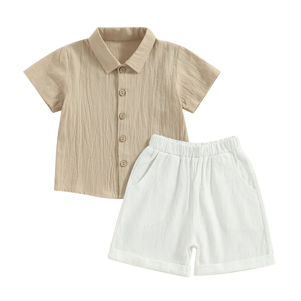 Gueuusu Baby Boy Girl Summer Clothes Toddler Cotton Linen Short Sleeve Button Up Dress Shirt Pocket Shorts Set 2PCS Outfit (Apricot, 18-24 Months)