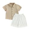 Gueuusu Baby Boy Girl Summer Clothes Toddler Cotton Linen Short Sleeve Button Up Dress Shirt Pocket Shorts Set 2PCS Outfit (Apricot, 18-24 Months) view 1