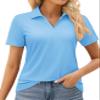 MAGCOMSEN Collared Shirt for Women Short Sleeve V Neck Polos Moisture Wicking Quick Dry Sun Protection Waterfall Blue,L view 1