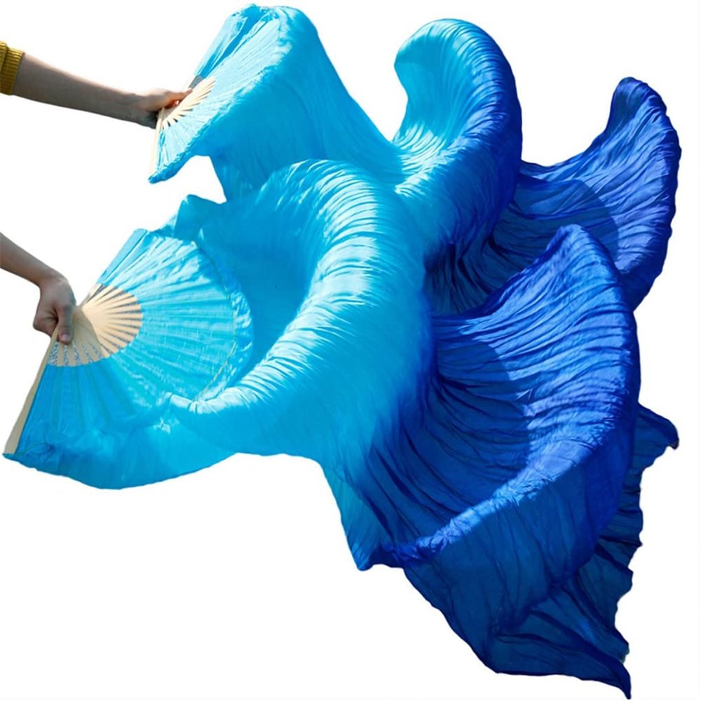 Kiioouu 1 Pair Imitation Silk Belly Dance Fans Handmade Dyed Performance Long Fan Gradient Color Dance Fans Women