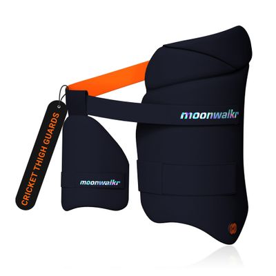 moonwalkr Cricket Thigh Guards 2.0 Lightweight Cricket Guard & Equipment Unisex Thigh Pads for Batter's Height (6'3"-6'6") Safeguarding Both Your Outer and Inner Thighs Blue (X-Large, Right Hand)