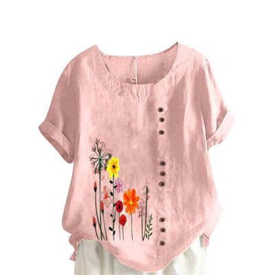 T Shirts for Women Graphic Cotton Linen Flower Print Tops Shirt Crewneck Tunic Multi Color Plus Size Tees with Button P2-Pink 5X-Large