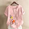 T Shirts for Women Graphic Cotton Linen Flower Print Tops Shirt Crewneck Tunic Multi Color Plus Size Tees with Button P2-Pink 5X-Large view 2
