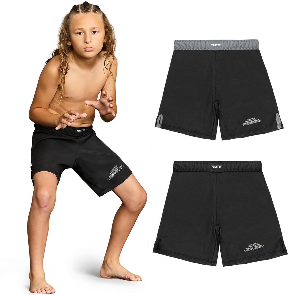 Elite Sports Kids MMA BJJ No GI UFC Grappling Jiu Jitsu Shorts, Black Jack Youth Boys MMA Training Grappling Training Shorts (Small, Gray)