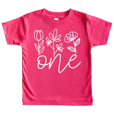 One Floral 1st Birthday Shirt for Baby Girls First Birthday Outfit White on Vintage Pink 12 Months