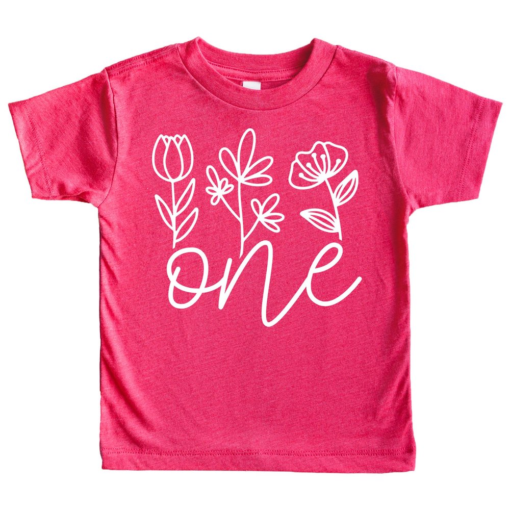 One Floral 1st Birthday Shirt for Baby Girls First Birthday Outfit White on Vintage Pink 12 Months