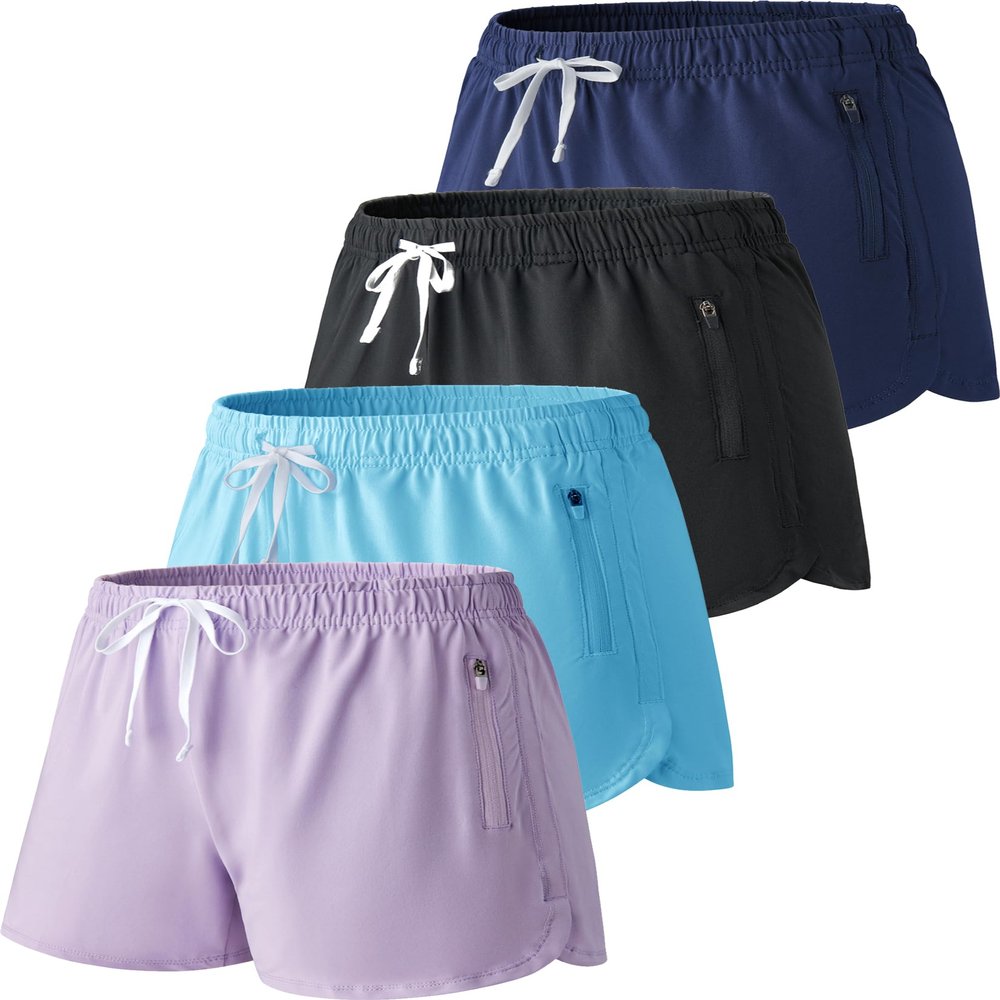4 Pack Youth Girls Athletic Shorts 3", Girls Soccer Shorts, Kids Workout Gym Clothes Activewear Apparel with Zipper Pockets (Set 2, Large)