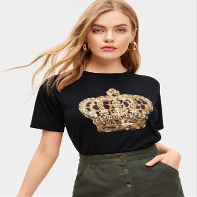 AIEBO Women's Shirts Women's Tops Shirts for Women Contrast Sequin Leopard Crown Print Tee (Color : Black, Size : X-Large)