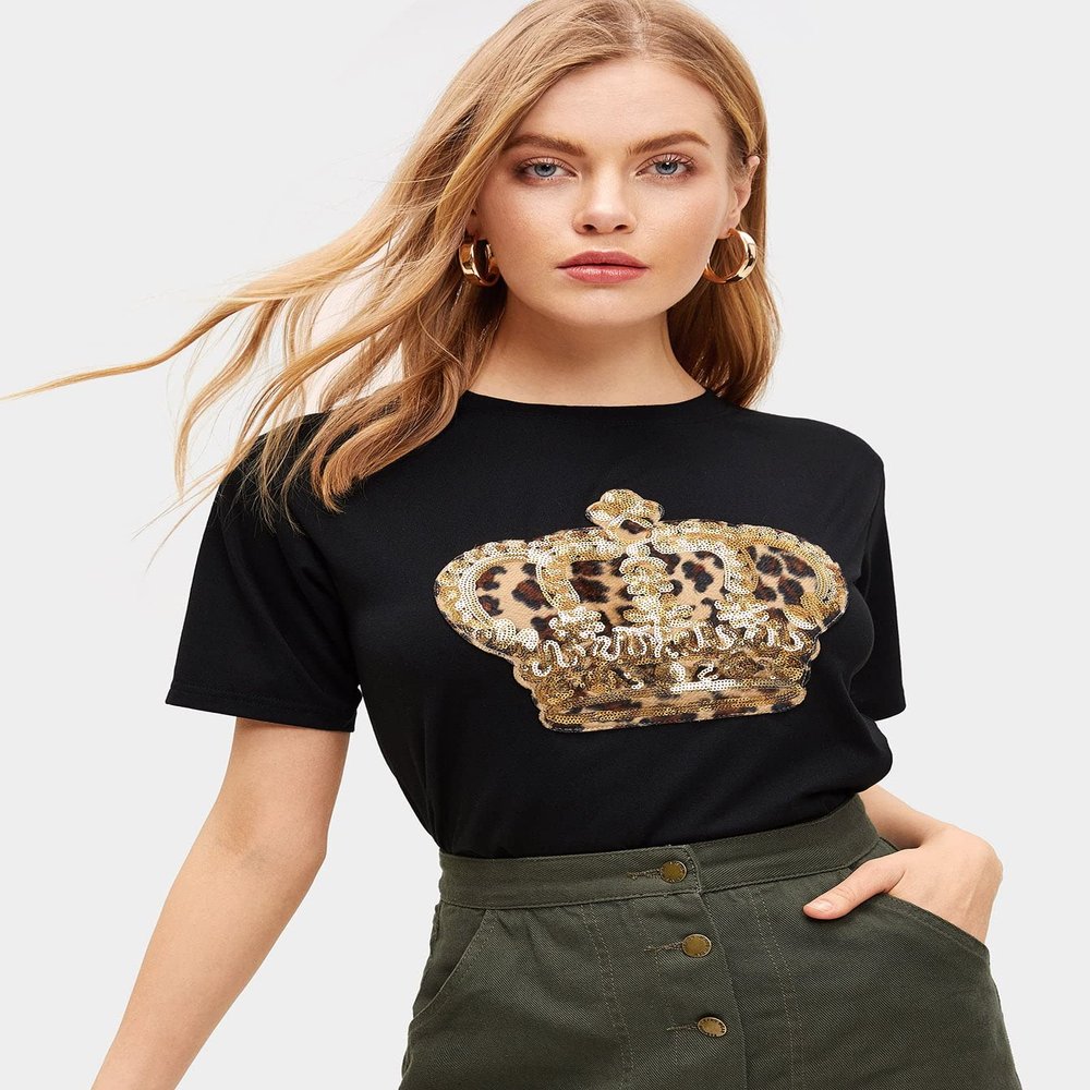 AIEBO Women's Shirts Women's Tops Shirts for Women Contrast Sequin Leopard Crown Print Tee (Color : Black, Size : X-Large)