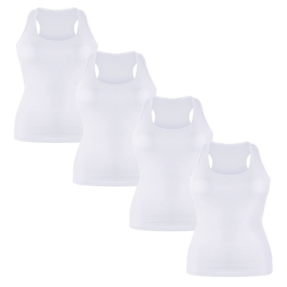 Sugar Sunday 4 Pack Cotton Ribbed Racerback Tank Tops for Women Basic Workout Athletic Tanks Gym Tank Top Yoga Shirts White Large