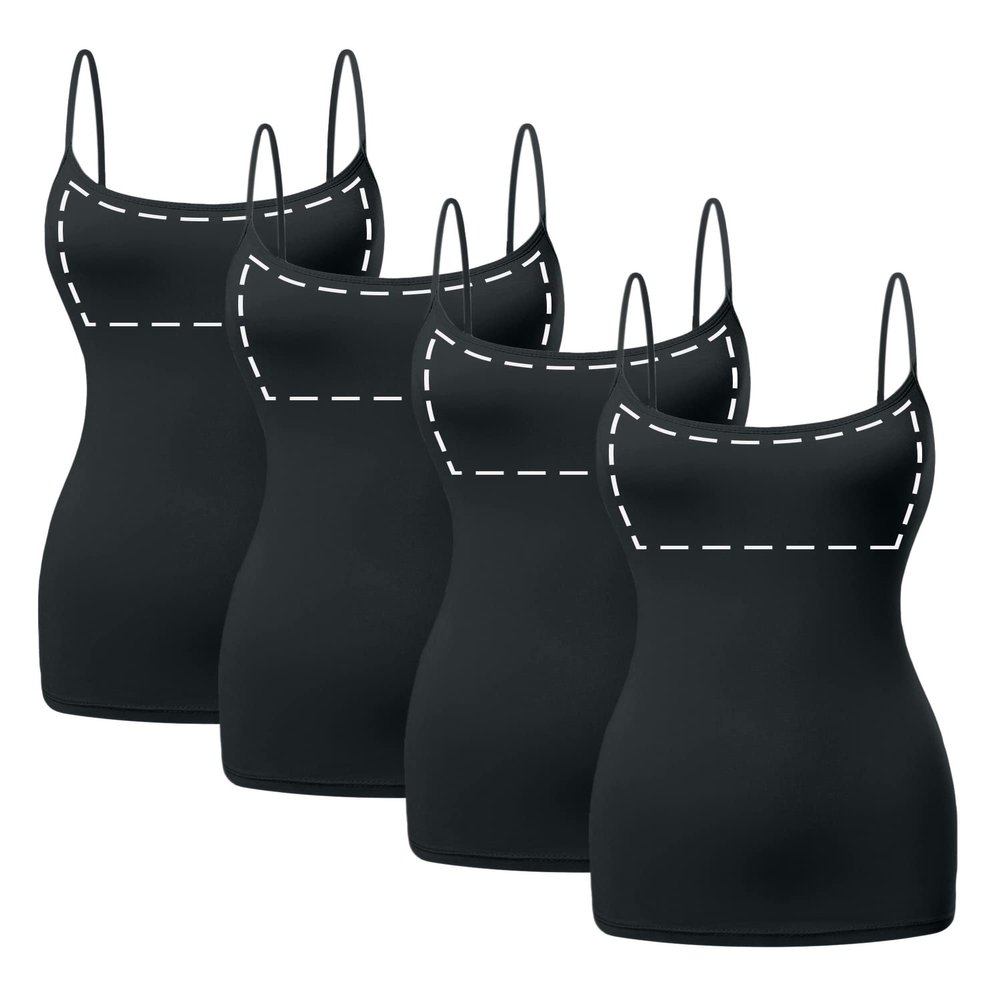 Sugar Sunday 4 Pack Long Cotton Camisole Tank Top with Built in Bra for Women Basic Cami with Shelf Bra Tank Tops Undershirt Black Medium