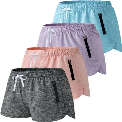 4 Pack Youth Girls Athletic Shorts 3", Girls Soccer Shorts, Kids Workout Gym Clothes Activewear Apparel with Zipper Pockets (Set 3, Small)