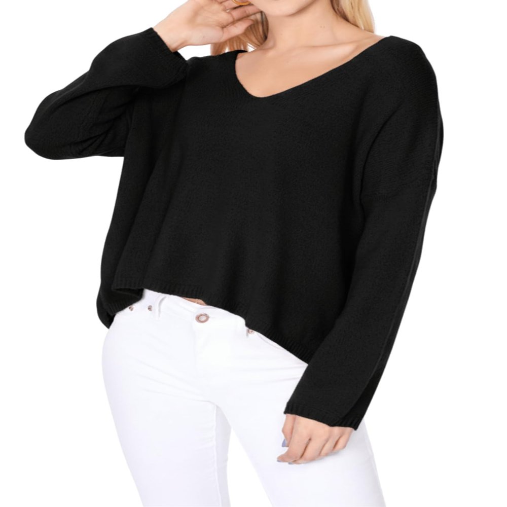 YEMAK Women's Long Sleeve Wide V-Neck with Side Slit Oversize Pullover Sweater MK8219-BLK-L-BD