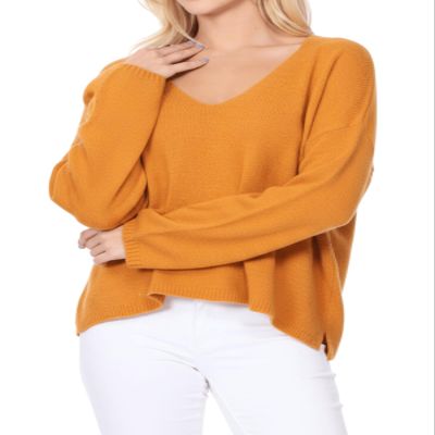 YEMAK Women's Long Sleeve Wide V-Neck with Side Slit Oversize Pullover Sweater MK8219-BRZ-M-BD