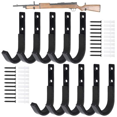 EVCUHASL Gun Rack Wall Mount, Horizontal Metal Rifles Shotgun Hooks for Hanging & Storing, Heavy Duty Steel Gun Holder with Soft Padding, Securely Store Firearms, Archery, Bow, Sword, Black, 5 Pair