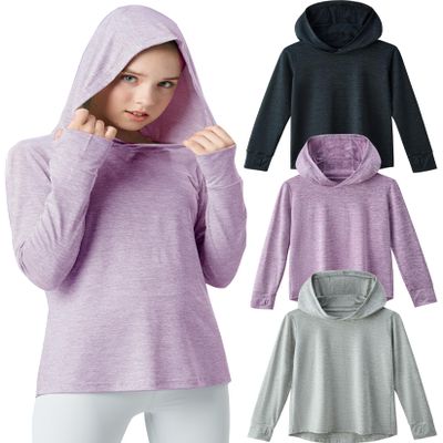 3 Pack Athletic Girls Long Sleeve Shirts with Thumb Holes, Workout Hoodies for Kids, Hooded Shirt Pullover Tops (Set 2, X-Large)