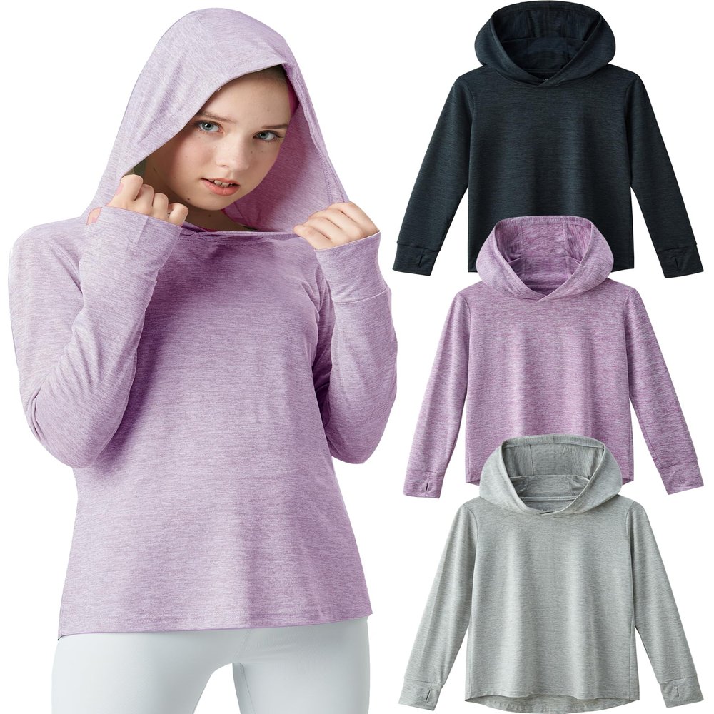 3 Pack Athletic Girls Long Sleeve Shirts with Thumb Holes, Workout Hoodies for Kids, Hooded Shirt Pullover Tops (Set 2, X-Large)