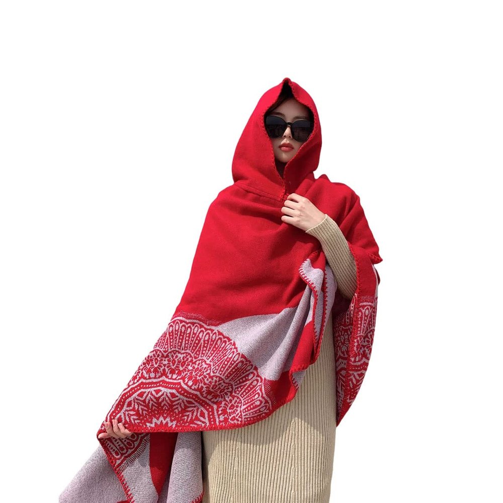 Chinese Ethnic Style Shawl, Women's Large Pashmina Cape, Shawl, Women's Patterned Color Matching Scarf, Shawl (Red,150 * 130,One Size)