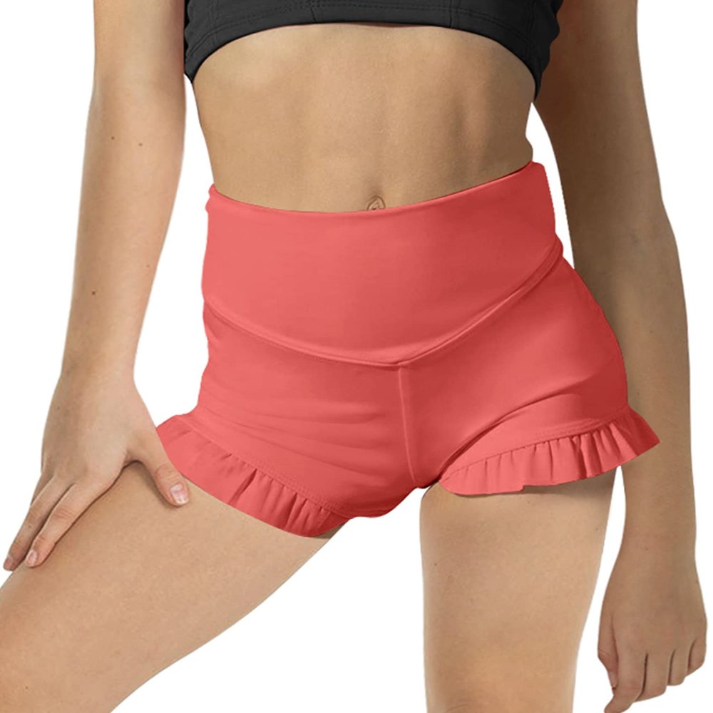 rrhss Girls Athletic Ruffle High Waisted Yoga Dance Comfy Workout Gymnastics Shorts Dark Pink