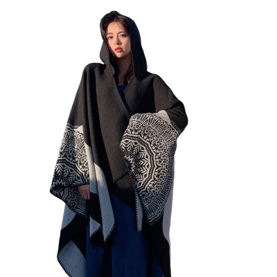 Chinese Ethnic Style Shawl, Women's Large Pashmina Cape, Shawl, Women's Patterned Color Matching Scarf, Shawl (Black,150 * 130,One Size)