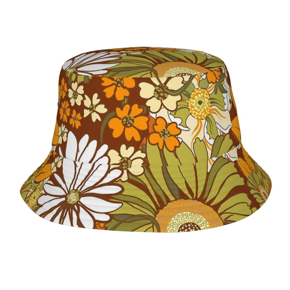 70s Retro Hippie Vintage Flower Bucket hat for Women Men Summer Travel Beach Sun Hat Packable Fashion Fisherman Cap Black