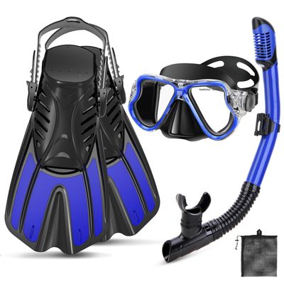 PIYAZI Snorkeling Gear for Adults, 4 in 1 Adult Snorkel Set with Panoramic View Snorkel Mask, Dry Top Snorkel, Adjustable Short Fins and Travel Bag, Snorkel Set with Fins for Snorkeling Diving