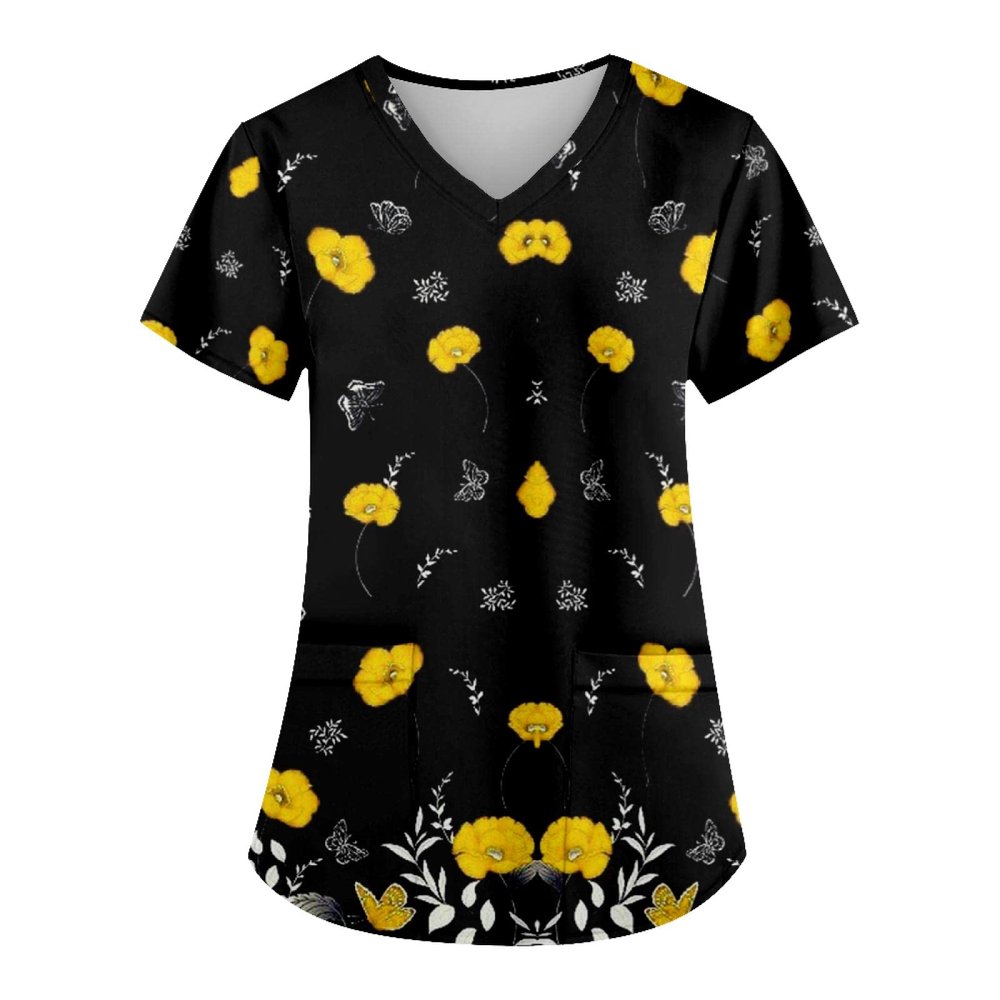LPIGOH Plus Size Scrubs for Women Stretch - Printed Scrub Tops Workwear with Pocket, Comfy Fit & Soft Medical Nursing Scrubs for Women - Uniformes de Enfermeras de Mujer 05-Black,4X Scrub