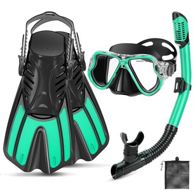 PIYAZI Snorkeling Gear for Adults, 4 in 1 Adult Snorkel Set with Panoramic View Snorkel Mask, Dry Top Snorkel, Adjustable Short Fins and Travel Bag, Snorkel Set with Fins for Snorkeling Diving