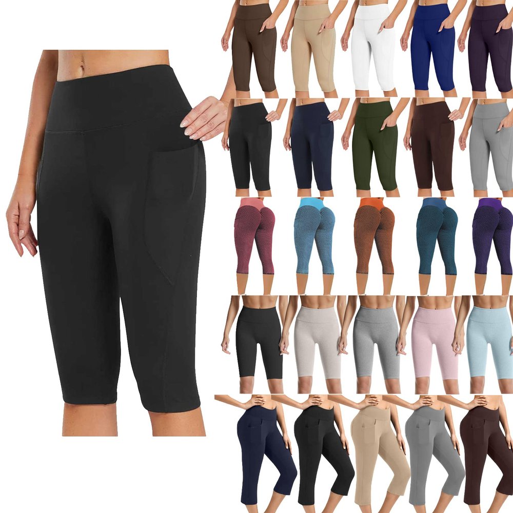 fartey Women's Knee Length Capri Leggings with Pockets Casual Summer Workout Exercise Yoga Pants High Waist Athletic Leggins