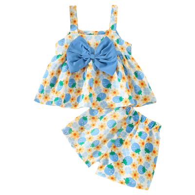 Summer Toddler Girls Sleeveless Bowknot Strawberry Prints Tops Shorts Two Piece Outfits 1 Year Old (Blue, 12-18 Months)
