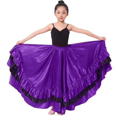 36" Girls Purple Black Ruffles Layers Satin Long Dance Skirt Dance Wear