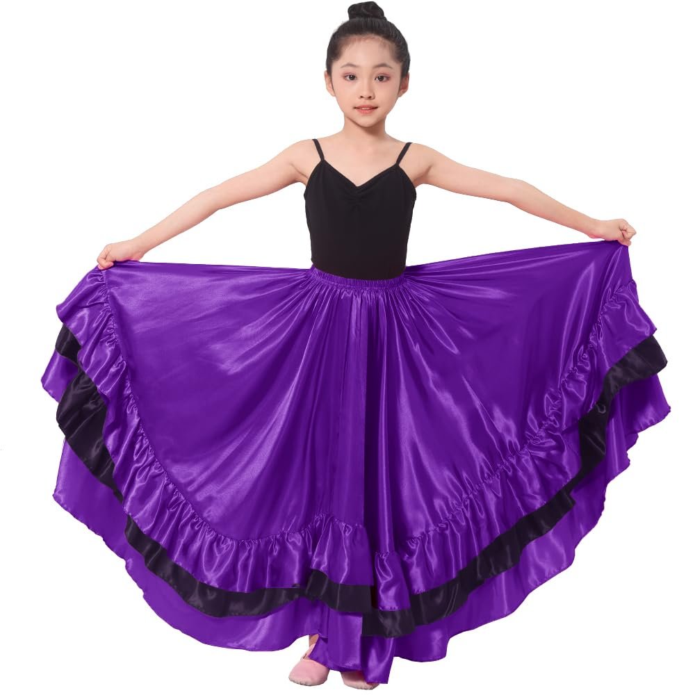 36" Girls Purple Black Ruffles Layers Satin Long Dance Skirt Dance Wear