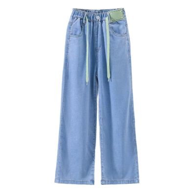 Big Kids Girls' Summer Drawstring Jeans Daily Wearing Thin Casual Pants Loose Wide Leg Pants Toddler (Blue, 9-10 Years)