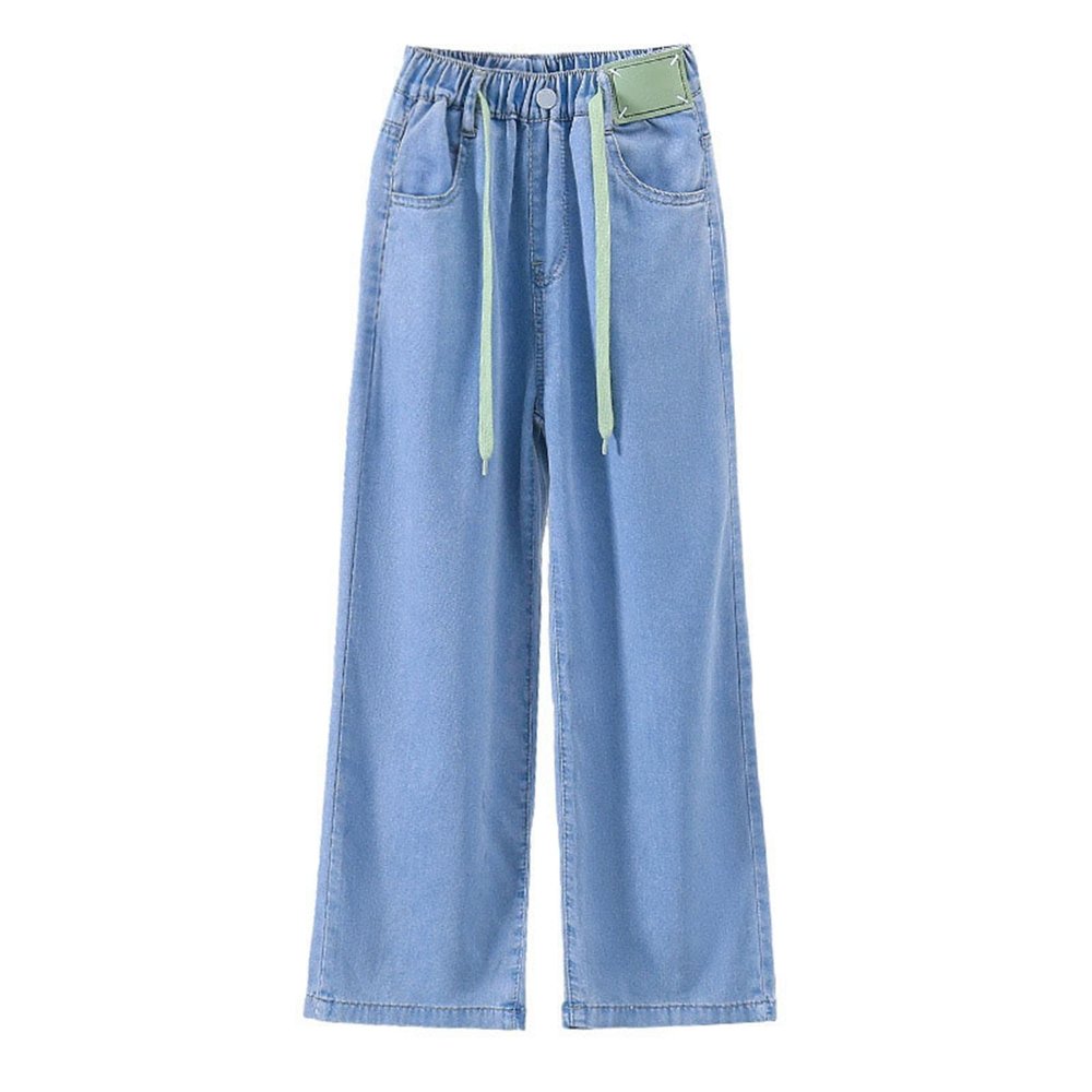 Big Kids Girls' Summer Drawstring Jeans Daily Wearing Thin Casual Pants Loose Wide Leg Pants Toddler (Blue, 9-10 Years)