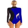 XUNZOO Women's Long Sleeve Gymnastics Bodysuit One Piece Mesh Ballet Dance Leotard Jumpsuit Black&Royal Blue Small view 3