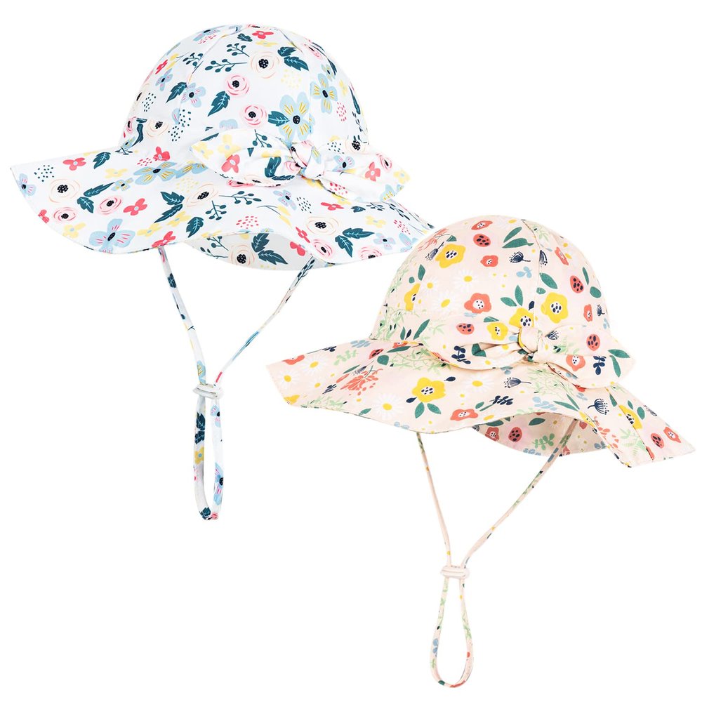 Baby Girl Sun Hat with UPF 50+ Outdoor Adjustable Beach Hat with Wide Brim Bucket Hats (0-6 Months, Pink Printing & White Printing -2pcs)